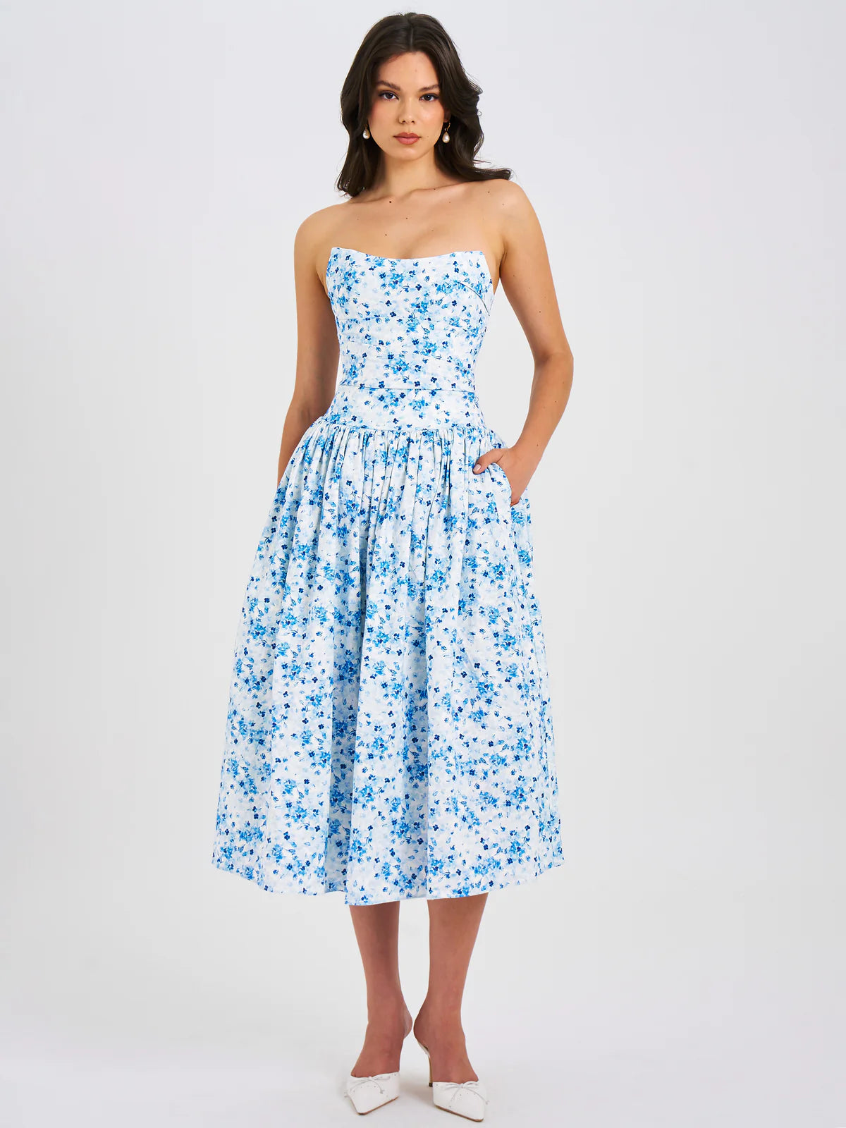 Trendy Looks PALOMA BLUE PRINT LINEN CORSET DRAPING MIDI DRESS