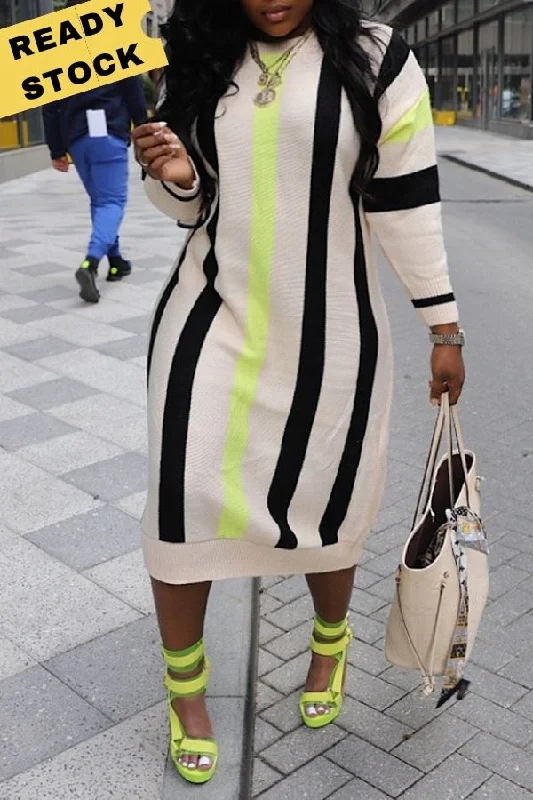 Stylish Jackets Casual Knit Stripe Round Neck Midi Dress