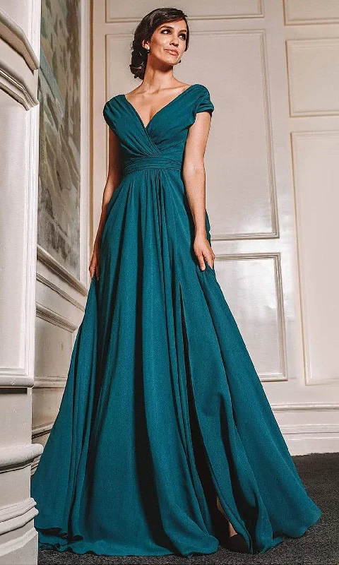 Sporty Comfort Marsoni by Colors - M251 Gathered V Neck Off Shoulder A-Line Gown