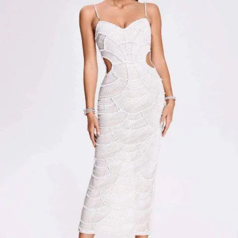 All-Day Outfits Ysa Spaghetti Strap Pearl Embellished Midi Dress