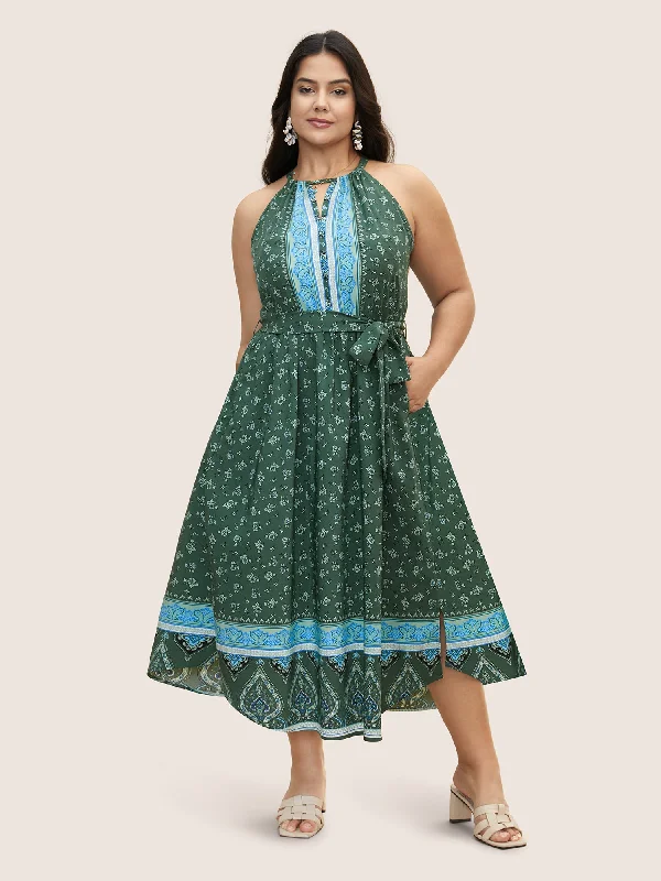 Cozy Lounge Wear Bandana Print Halter Neck Tie Knot Dress