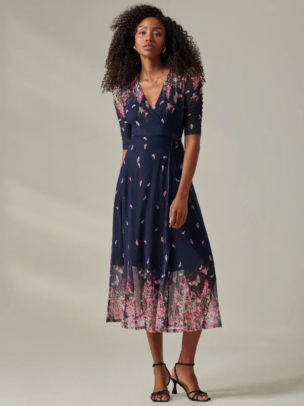 Soft Comfort Wear Stella Floral Print Wrap Mesh Maxi Dress, Navy Pink Multi