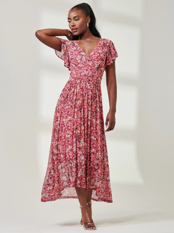 Relaxed Fashion Wrap Dip Hem Mesh Maxi Dress, Pink Abstract