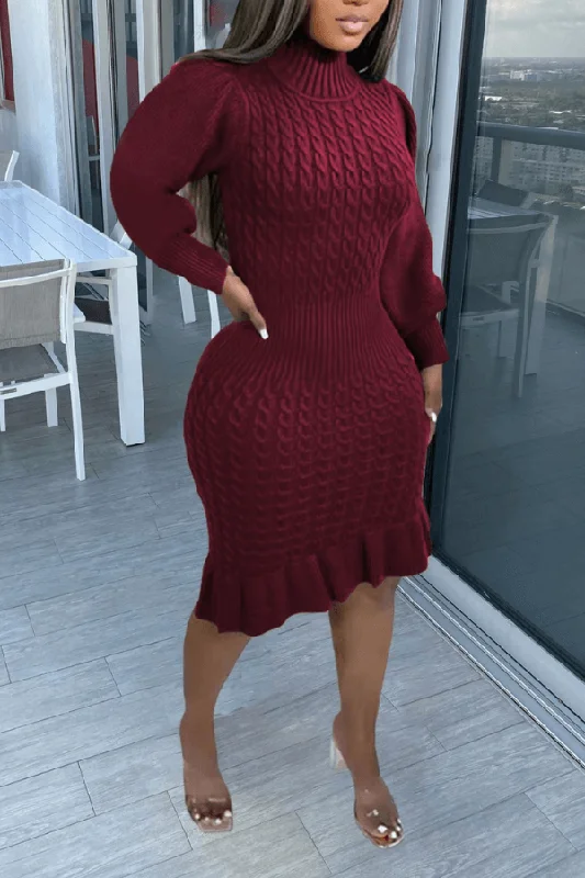 Comfortable Sweaters High Neck Cable Knit Ruffle Hem Dress