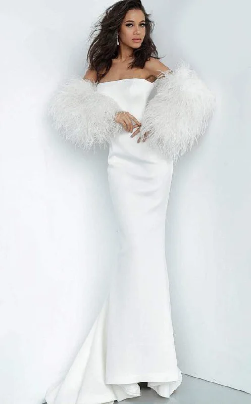 Fashionable Comfort Jovani - 1226 Strapless Trumpet Dress With Feathered Sleeves