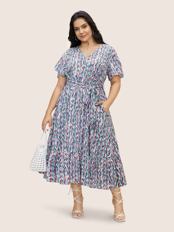 Cozy Knits V Neck Striped Belted Petal Sleeve Dress