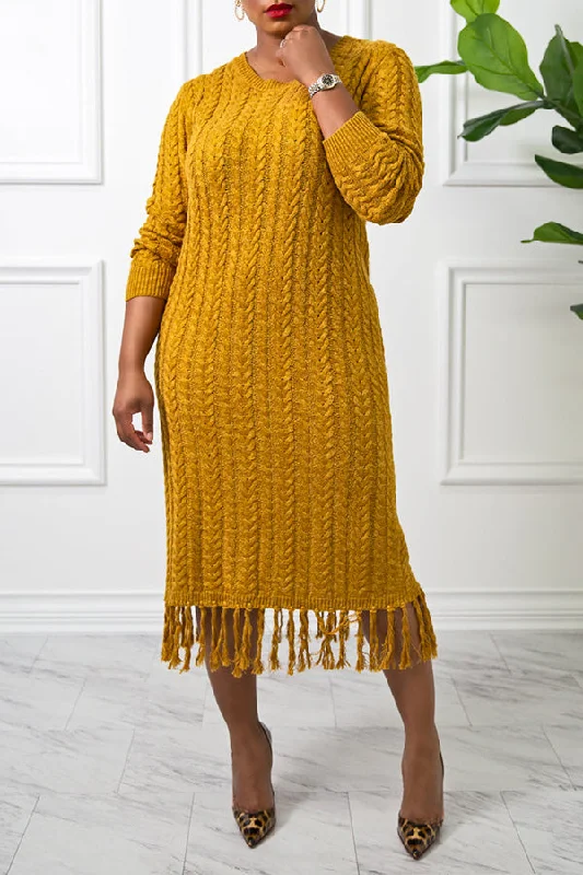 Comfortable Tops Warm And Styliah Cable Knit Fringe Trim Dress