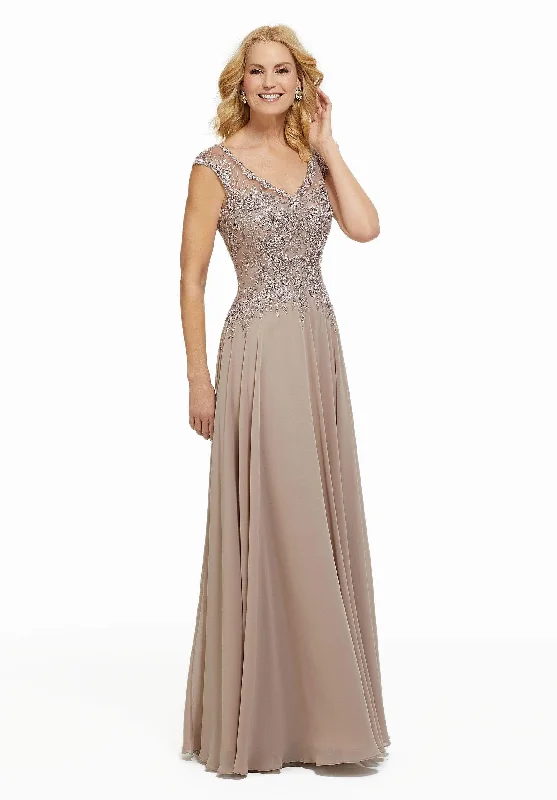 Comfortable Sweaters MGNY By Mori Lee - 72021 Beaded Lace V-neck A-line Chiffon Gown