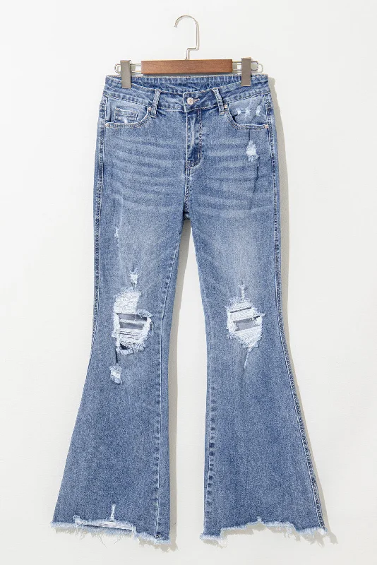 Comfortable Sweaters Dusk Blue High Rise Ripped Distressed Hem Flared Jeans