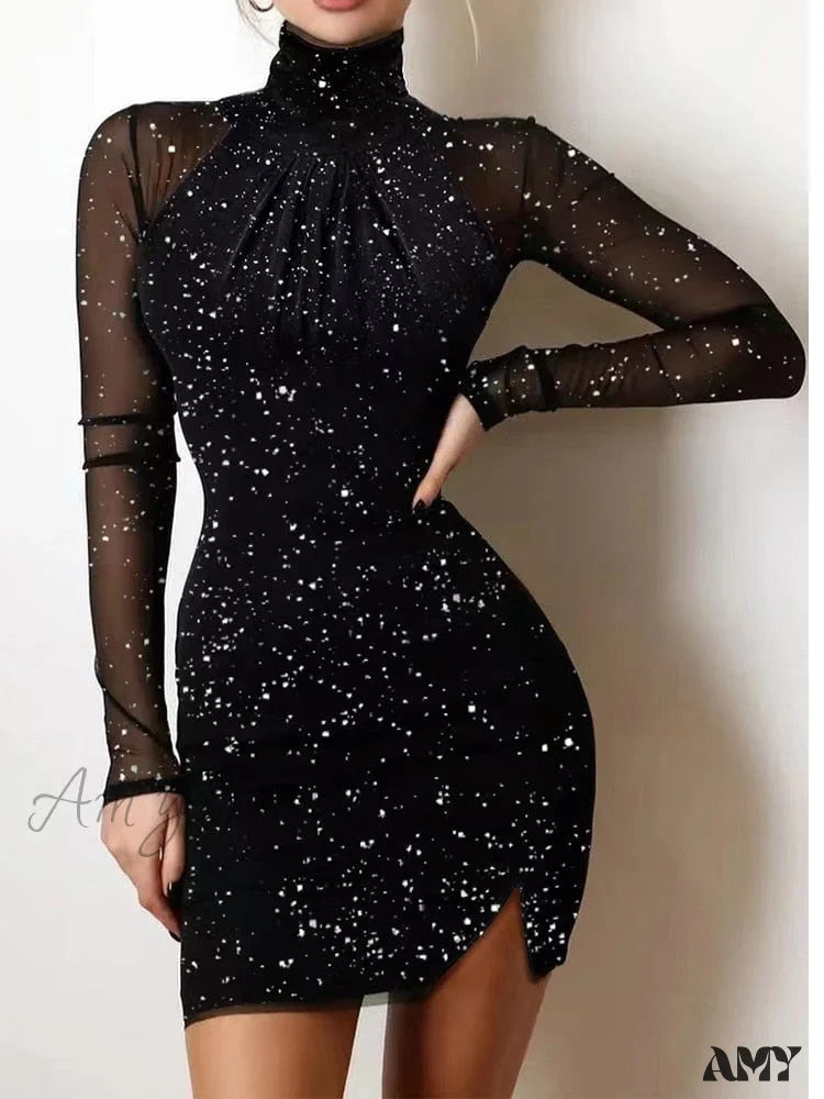 Soft Layers Amy Fashion - Mesh Transparent Shiny Print Turtleneck Long Sleeve Dress