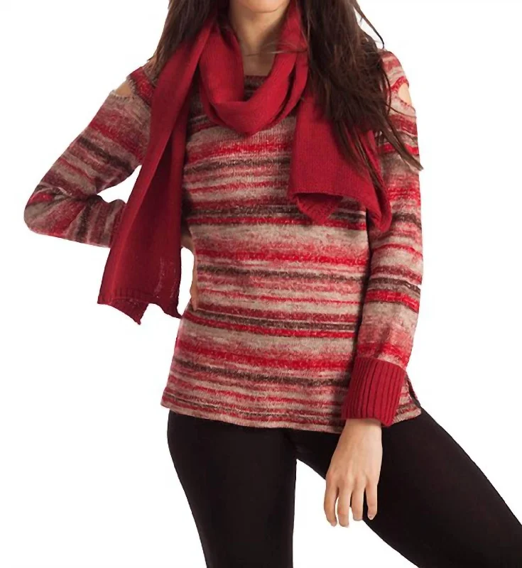 All-Day Style Bethany Striped Sweater W/ Scarf In Red Multi