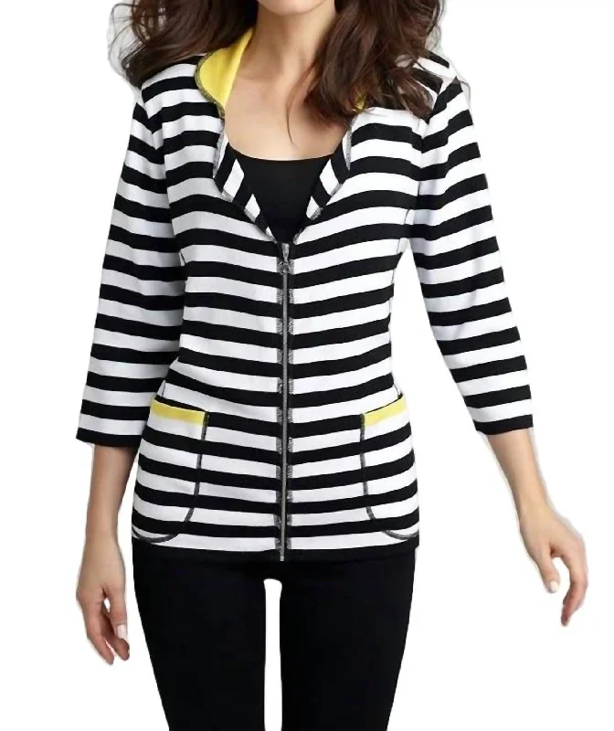 Chic Comfort Wear Colorblock Striped Cardigan In Black/yellow
