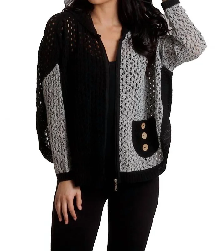 Comfortable Tops Crochet Button Hoodie Poncho In Black/white