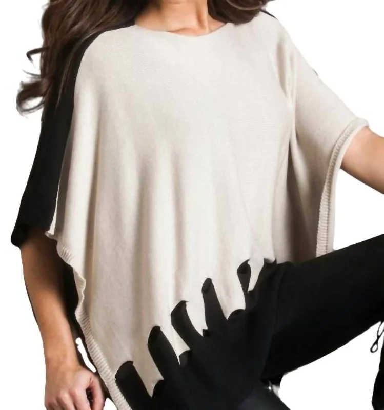 Cozy Essentials Wear Cut Work Poncho In Black/stone