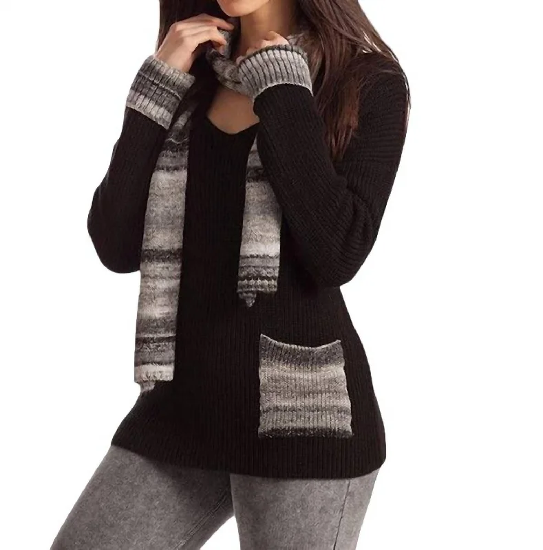 Easy Wear Chic Emilia Ribbed V-Neck W/ Scarf In Black Multi