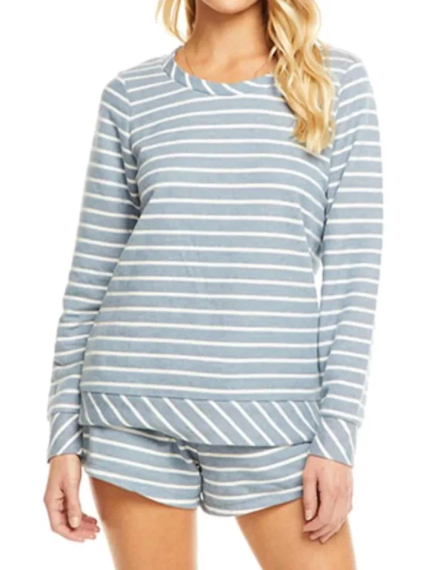 Easy-to-Wear French Terry Striped Open Neck L/s Pullover