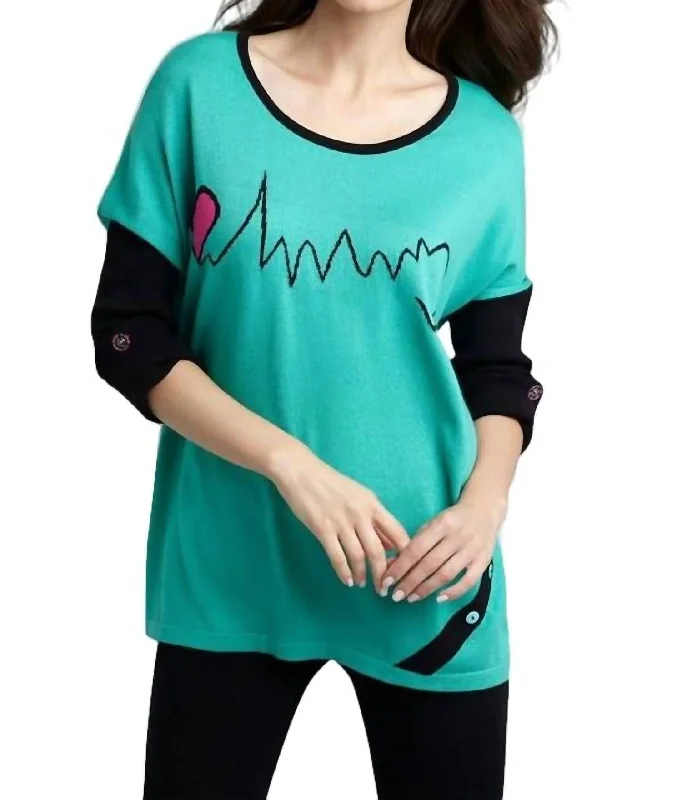 Layered Style Heartbeat Graphic Sweater In Teal/black