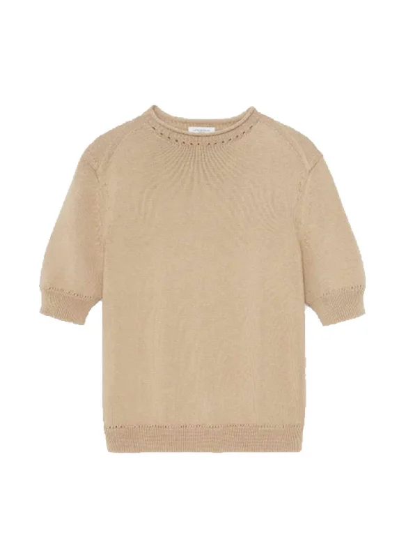 Casual Chic Looks High Crew Neck Cotton Sweater In Beige
