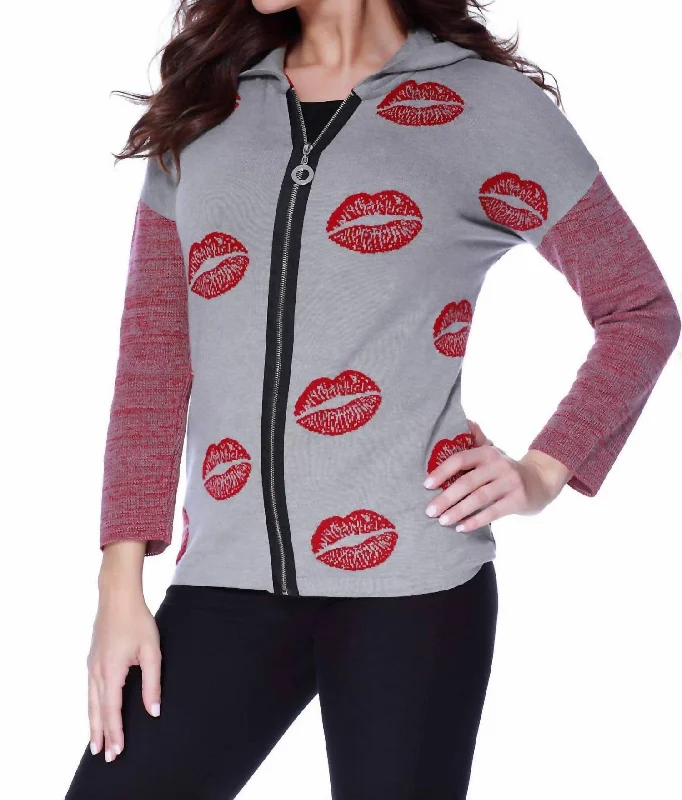 Relaxed Weekend Wear Kisses Me Hooded Cardigan In Gray/red