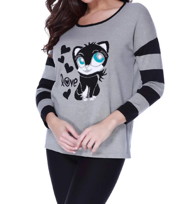 Fashion Comfort Kitty Love Pullover In Gray Multi