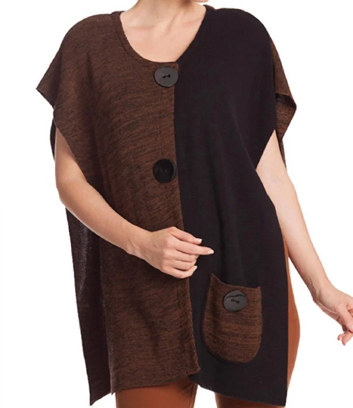Easygoing Fashion Large Button Poncho Sweater In Brown/black