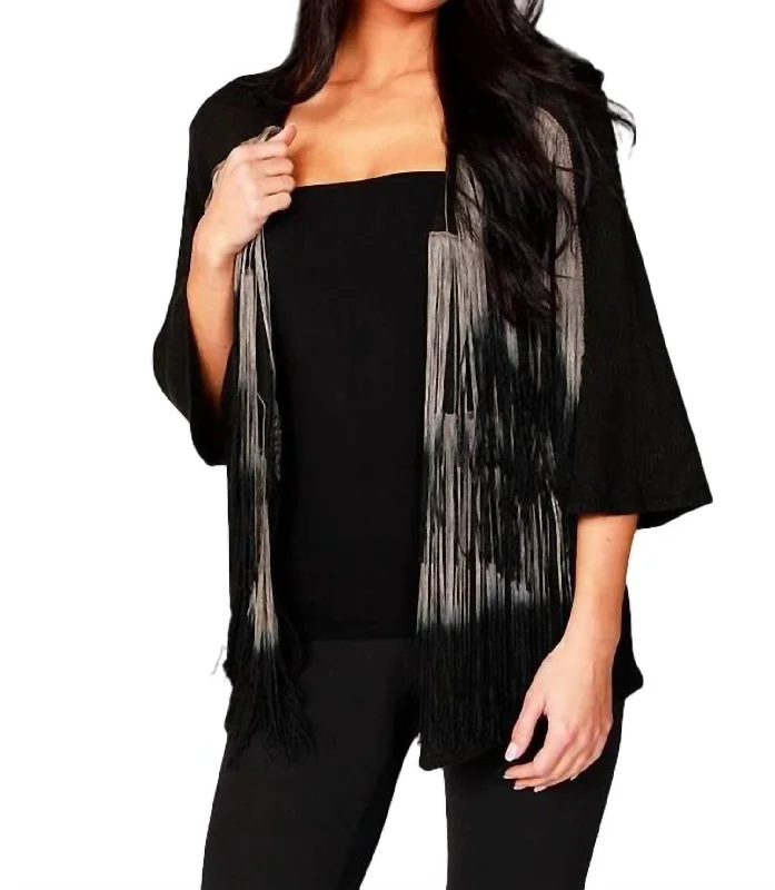 Soft Fabric Looks Layered Fringe Cardigan In Black/taupe