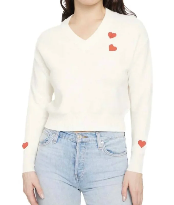 Comfy Chic Wear Lilla V Neck Sweater With Embroidered Hearts In Cloud