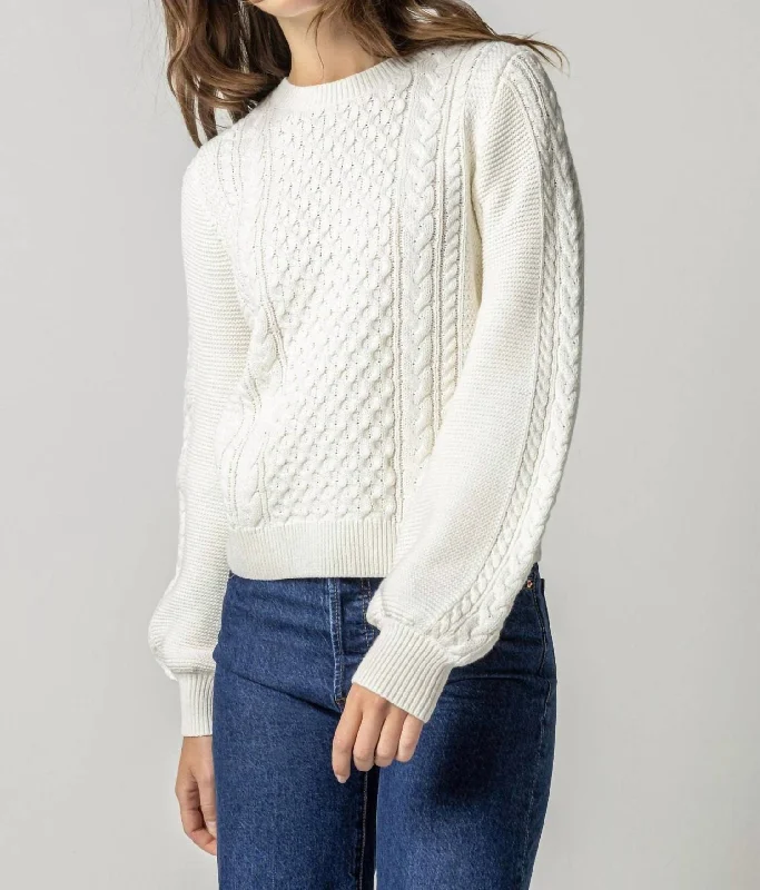 Relaxed Fits Long Sleeve Cable Crewneck Sweater In Ivory