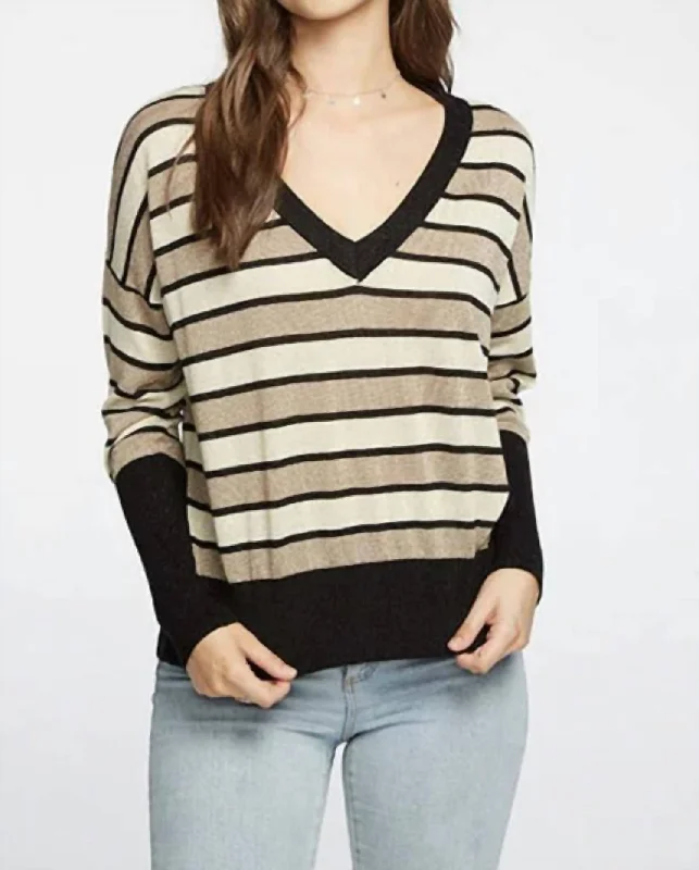 Comfortable Tops Long Sleeve Striped V-Neck Sweater In Black & Gold Stripe