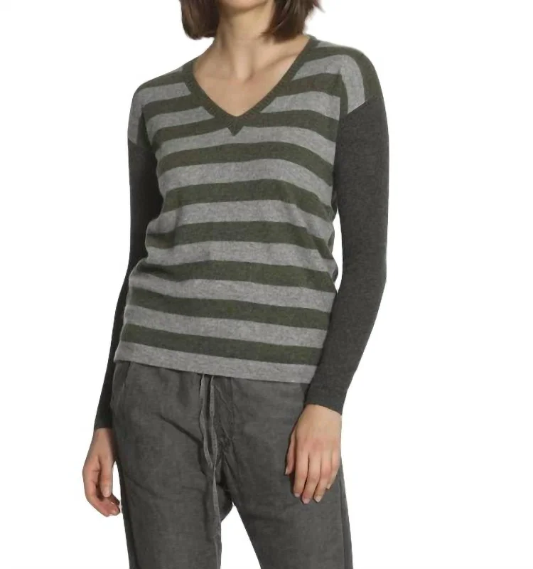 Casual Ease Luxe Stripe V-Neck Pullover In Grey/army/charcoal