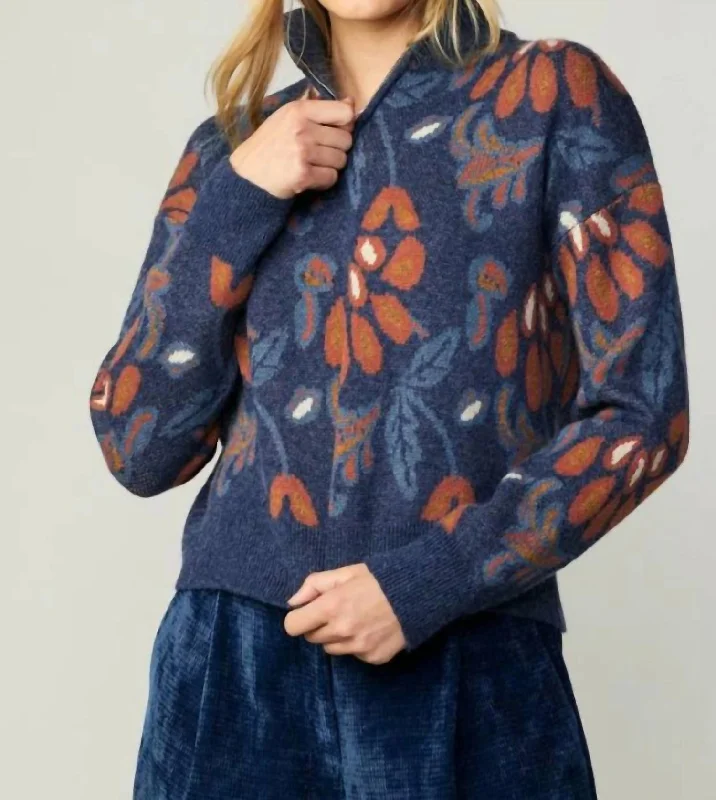 Soft Comfort Patterned Jacquard Half Zip Sweater In Denim Blue Multi