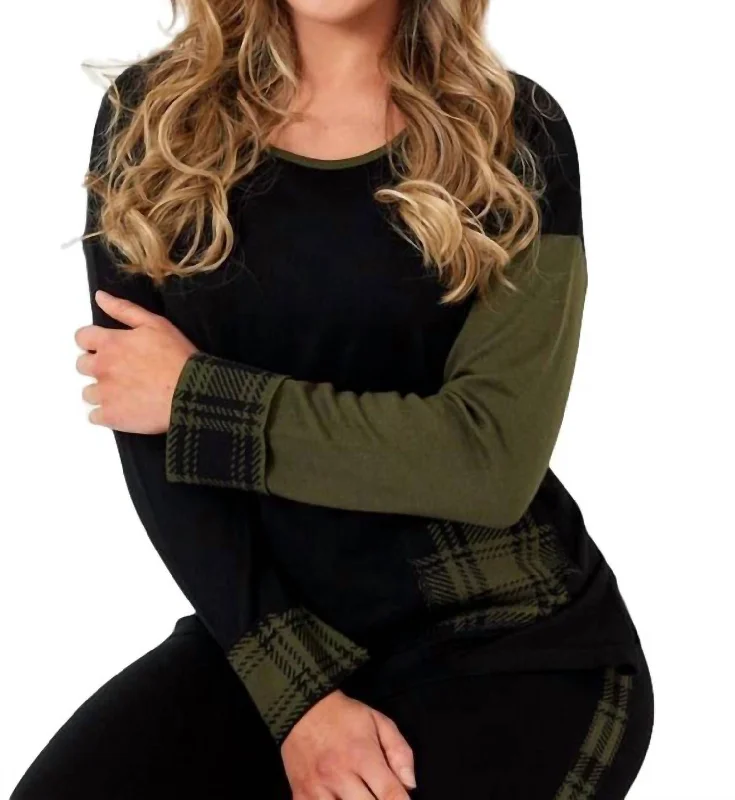 Urban Chic Plaid Accent Crew Neck Pullover In Black Combo