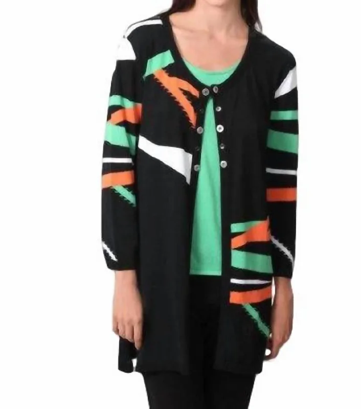 Comfortable Sweaters Retro Brights Long Cardigan In Black/orange