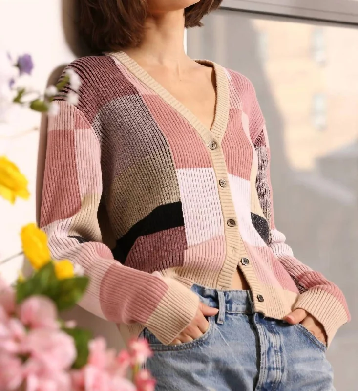 Relaxed Tops Ribbed Plaited Cardigan In Colorblock Multi