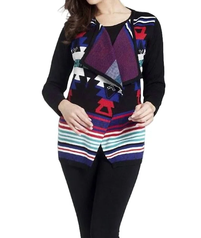 Simple Comfort Southwest Draped Cardigan In Black Multi