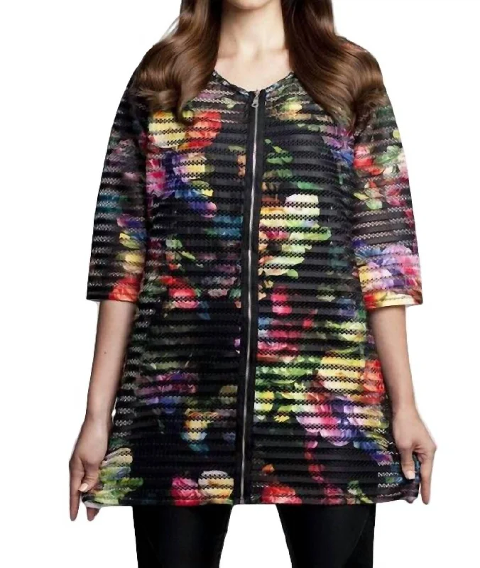 Comfortable Tops Textured Floral Long Cardigan In Black Multi