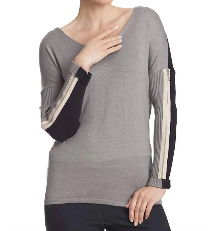 Modern Chic V-Neck Zipper Sleeve Sweater In Gray Multi