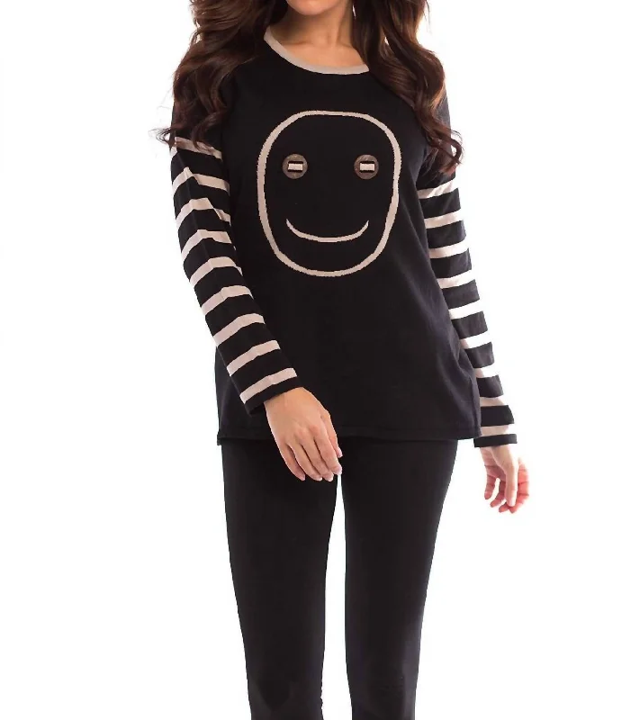 Weekend Comfort Wood Button Smiley Face Pullover In Black/stone