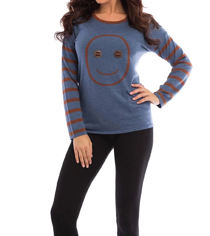 Fashionable Comfort Wood Button Smiley Face Pullover In Denim/mocha