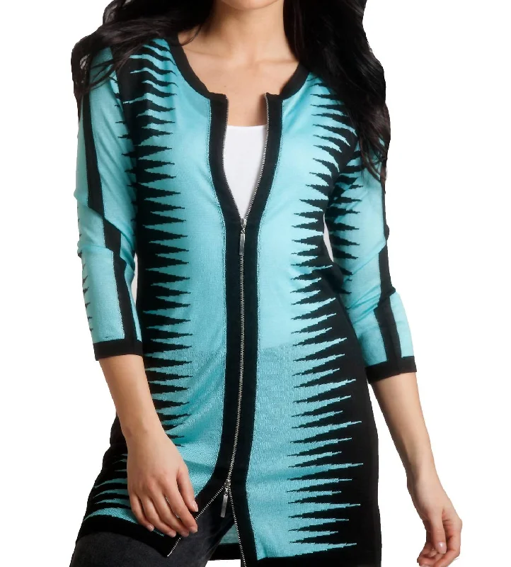 Versatile Style Zig-Zag Zip Long Cardigan In Black/aqua