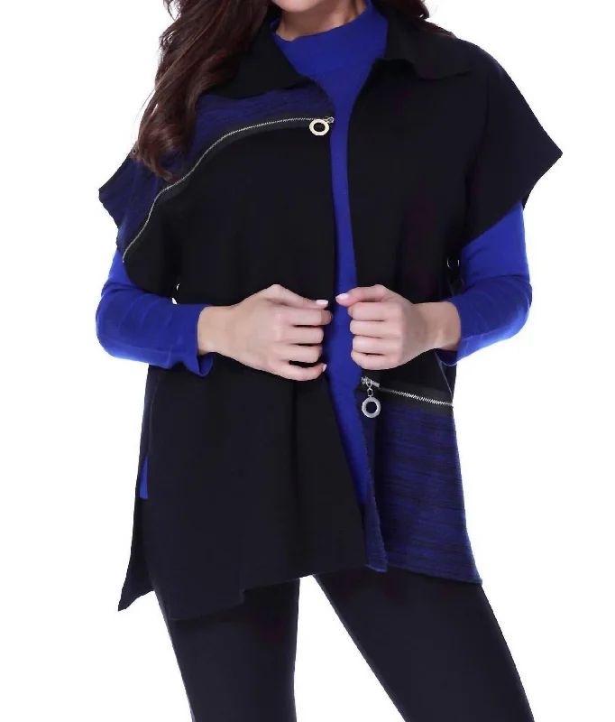 Soft Comfort Zip Detail Poncho In Black/cobalt
