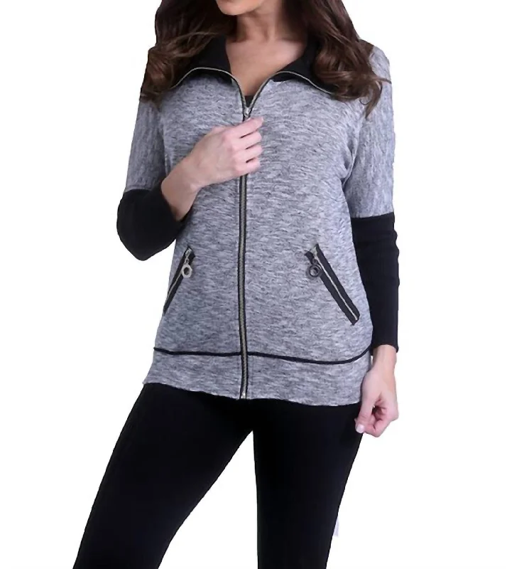 Easy Chic Zip Up Cardigan In Black Multi