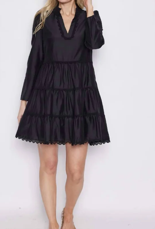 Comfortable Lifestyle Black Lace Trim Long Sleeve Tunic Flare Dress
