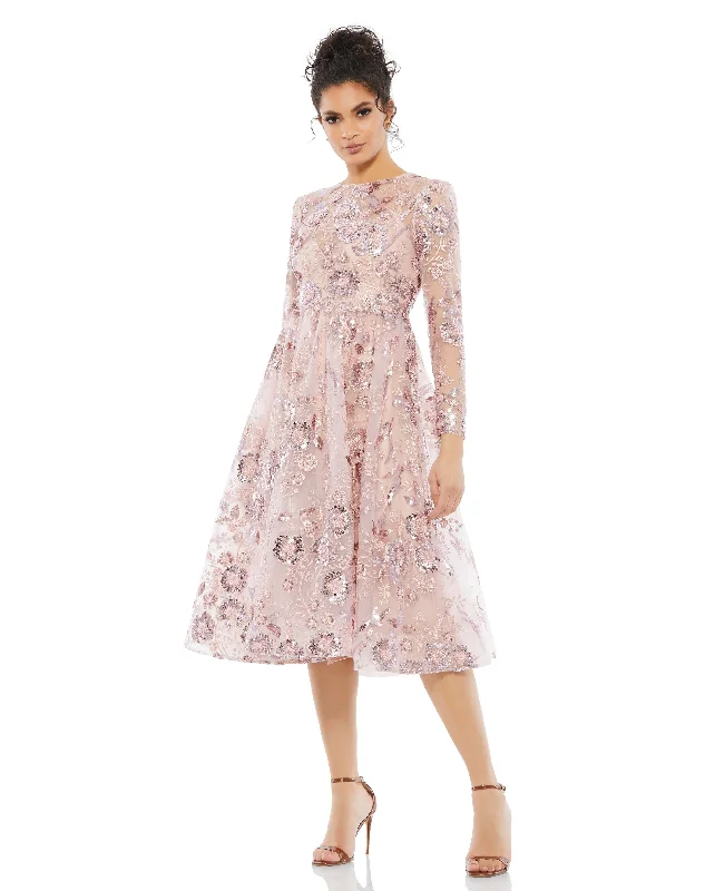 Warm Chic Embellished Illusion Long Sleeve Midi Dress