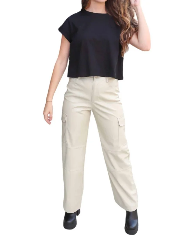 Fashion Comfort Faux Leather Cargo Pants In Cream