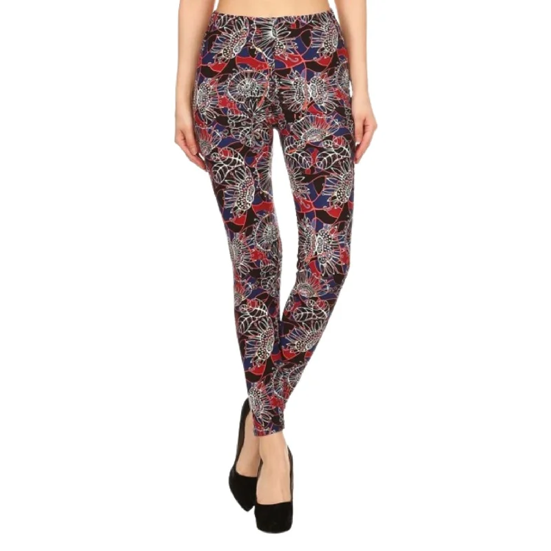 Easy Chic Wear Floral Print High Waist Basic Solid Leggings With 1 Elastic Waistband