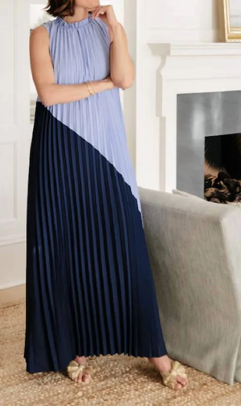 Chic Comfort Wear Hydrangea & Navy Emma Pleated Maxi Dress In Navy/blue