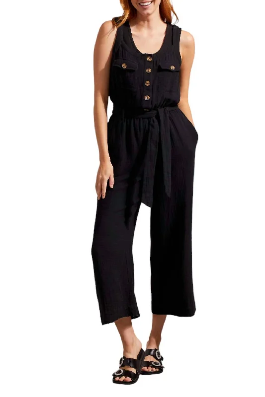 Comfy Layers Jumpsuit With Sash And Pockets Button Front In Black