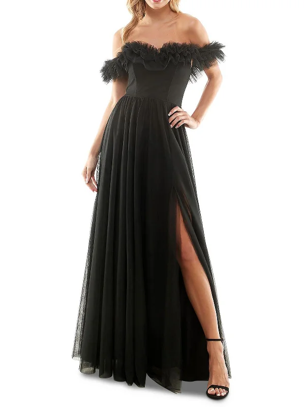 Soft Fabric Looks Juniors Womens Off-The-Shoulder Maxi Evening Dress