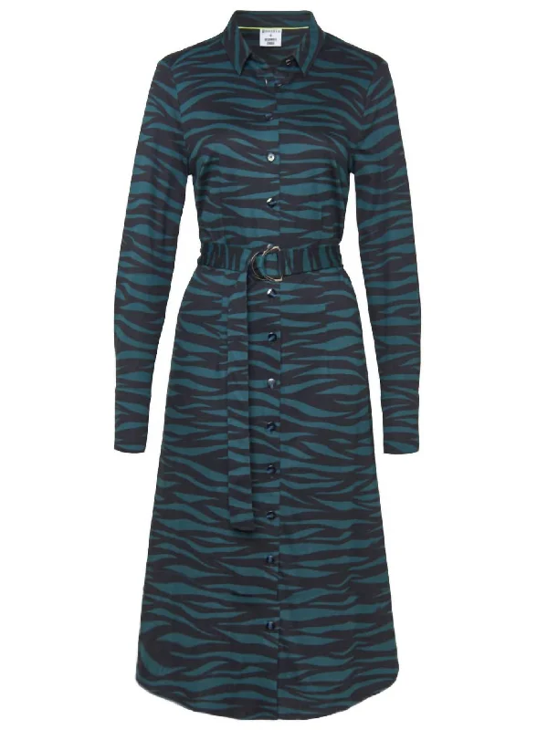 Timeless Outfits Kate Green Zebra Print Midi Shirtdress In Black Multi